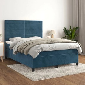 Pat box spring cu saltea, albastru inchis, 140x200 cm, catifea Albastru inchis, 140 x 200 cm, Benzi orizontale