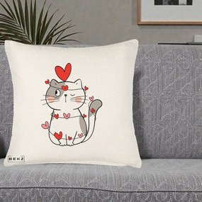 Perna Decorativa Pisica Kawaii cu Inimi, 40x40 cm, Crem Reliefat, Husa Detasabila, Perna Inclusa, BEKZ®