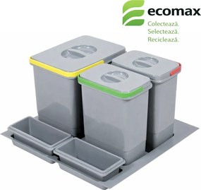 Cos gunoi incorporabil in sertar, Ecomax Praktico 600, colectare selectiva, gri, 1 x 15 l, 2 x 7 l Plastic, H:300 mm; L:510 mm; A:430 mm, 600 mm,