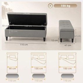 HOMCOM Bancă cu depozitare 136 L, 110x41x42 cm, piele ecologică potrivită pentru animale de companie, gri | Aosom Romania