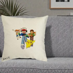 Perna Personalizata Pokemon Ash Misty Brock si Pikachu, 40x40 cm, Ecru, Husa Detasabila, Perna Inclusa, BEKZ®