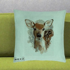 Perna Decorativa Caprioara Pui Acuarela, 40x40 cm, Verde Menta, Husa Detasabila, Perna Inclusa, BEKZ®