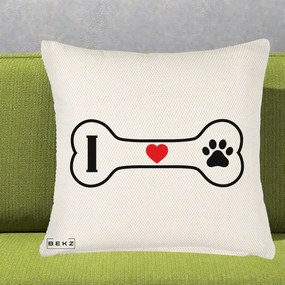 Perna Personalizata I Love Dog Os si Labuta, 40x40 cm, Crem Reliefat, Husa Detasabila, Perna Inclusa, BEKZ®