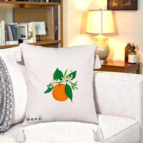 Perna Decorativa Portocala in Floare, 40x40 cm, Bej cu Franjuri, Husa Detasabila, Perna Inclusa, BEKZ®