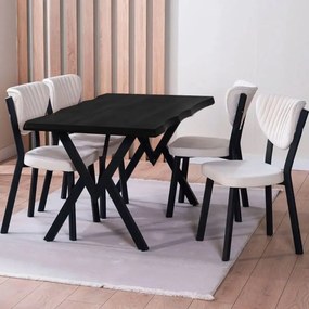 Set Masa Barton din MDF cu 4 Scaune din metal, culoare negru si bej, 140 cm