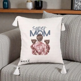 Cadou pentru Mama - Perna Personalizata Super Mom of Girls Mama cu Gemene, 40x40 cm, Bej cu Franjuri, Husa Detasabila, Perna Inclusa, BEKZ®