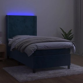 Pat cu arcuri, saltea si LED, bleumarin, 100x200 cm, catifea Albastru inchis, 100 x 200 cm, Design simplu