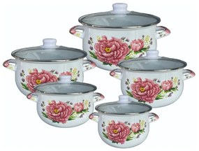 Set 5 oale cu capac din sticla Rosberg R54518G5G, 10 piese, Emailate, Inducție, Alb/Imprimeu floral