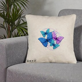 Perna Decorativa Patru Fluturi Turcoaz-Violet, 40x40 cm, Bej Canapea, Husa Detasabila, Perna Inclusa, BEKZ®