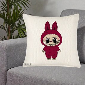 Perna Personalizata Labubu Rosu-Visiniu Solo, 40x40 cm, Crem Reliefat, Husa Detasabila, Perna Inclusa, BEKZ®