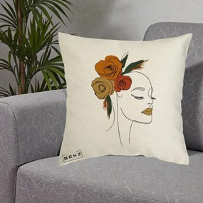 Perna Decorativa Portret Feminin Trandafiri Ruginii, 40x40 cm, Ecru, Husa Detasabila, Perna Inclusa, BEKZ®