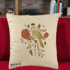 Perna Decorativa Pasare pe Ramura cu Maci, 40x40 cm, Bej, Husa Detasabila, Perna Inclusa, BEKZ®