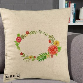 Perna Decorativa Coroana Florala Acuarela, 40x40 cm, Bej, Husa Detasabila, Perna Inclusa, BEKZ®