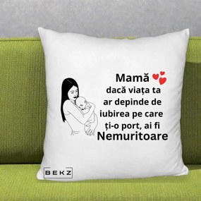 Cadou pentru Mama - Perna Personalizata Mama Nemuritoare Linie, 40x40 cm, Alb Pufos, Husa Detasabila, Perna Inclusa, BEKZ®
