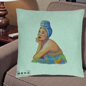 Perna Decorativa Portret Femeie Contemplativa, 40x40 cm, Verde Menta, Husa Detasabila, Perna Inclusa, BEKZ®