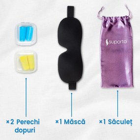 Masca de dormit Suporto 3D cu saculet Lila, masca de somn premium, reglabila, blochează lumina în totalitate, cu 2 Seturi de dopuri de urechi incluse
