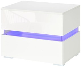 HOMCOM LED Noptiera cu 2 Sertare cu Luciu, Noptiera cu LED-uri RGB cu 16 Culori, 4 Moduri si Luminozitate Reglabila, Telecomanda, Alb | Aosom RO