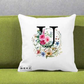 Cadou Personalizat - Perna Personalizata Monogram Litera U cu Flori Acuarela, 40x40 cm, Alba Mata, Husa Detasabila, Perna Inclusa, BEKZ®