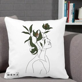 Perna Decorativa Portret Feminin Crin Verde, 40x40 cm, Alba Mata, Husa Detasabila, Perna Inclusa, BEKZ®