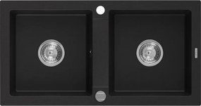 Mexen Mario chiuvetă de bucătărie din granit cu 2 compartimente 820 x 436 mm, negru, sifon cromat - 6504822000-77