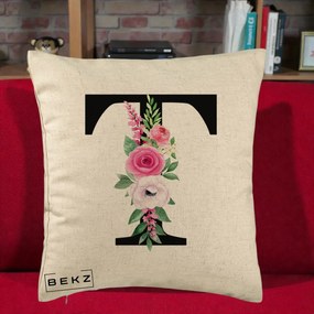 Cadou Personalizat - Perna Personalizata Monograma Florala Litera T, 40x40 cm, Bej, Husa Detasabila, Perna Inclusa, BEKZ®