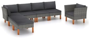 Set mobilier gradina 7 piese gri poliratan lemn eucalipt Gri, Canapea de colt + 3x canapea de mijloc + fotoliu + suport pentru picioare, 1