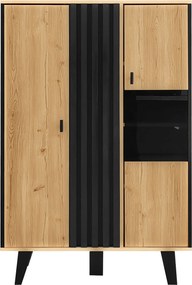 Dulap auxiliar cu vitrină, iluminare LED și sticlă, 80x40x120 cm, Culoare naturală+Negru