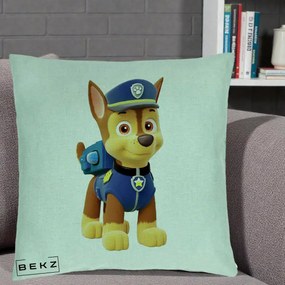 Perna Personalizata Chase PAW Patrol Albastru, 40x40 cm, Verde Menta, Husa Detasabila, Perna Inclusa, BEKZ®