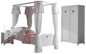 Această combinație AMORI în alb constă dintr-un pat cu baldachin (90 x 200 cm) cu setul de textile asortat, o noptieră și un dulap cu 2 uși.