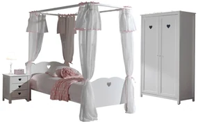 Această combinație AMORI în alb constă dintr-un pat cu baldachin (90 x 200 cm) cu setul de textile asortat, o noptieră și un dulap cu 2 uși.