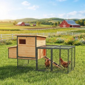 PawHut Cușcă pentru găini din lemn și oțel cu țarc, cuib, tavă pentru dejecții și acoperiș deschis 192x81,5x104cm portocaliu | Aosom Romania
