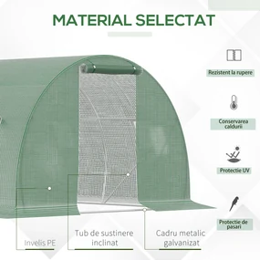 Outsunny Seră Tunel Mare pentru Plante, Copertină PE, Ușă cu Fermoar și 6 Ferestre, 450x300x200 cm, Verde | Aosom Romania