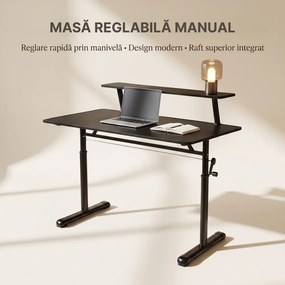 ERGOLEV WX-007 – Birou Reglabil Manual cu Înălțime Ajustabilă 65–90 cm, Blat Monobloc din PAL de Înaltă Densitate 15 mm, Cadru Metalic din Oțel, Raft Superior Integrat, 120x60 cm, Negru