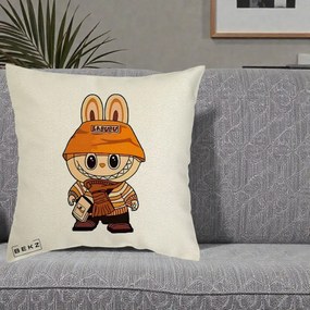 Perna Personalizata Labubu Streetwear Portocaliu, 40x40 cm, Ecru, Husa Detasabila, Perna Inclusa, BEKZ®