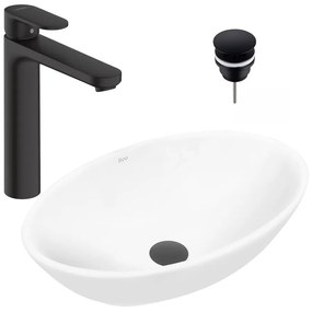 Pachet lavoar pe blat Rea Pamela alb 53 cm, baterie lavoar Hansgrohe Vernis Blend 190 negru si ventil lavoar Click-Clack negru