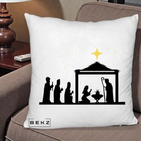 Perna Decorativa Nasterea Pruncului Silueta Neagra si Stea Aurie, 40x40 cm, Alb Pufos, Husa Detasabila, Perna Inclusa, BEKZ®