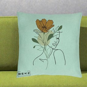 Perna Decorativa Portret Feminin Floare Portocalie, 40x40 cm, Verde Menta, Husa Detasabila, Perna Inclusa, BEKZ®