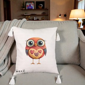 Perna Decorativa Bufnita Rosie cu Inimi Aurii, 40x40 cm, Bej cu Franjuri, Husa Detasabila, Perna Inclusa, BEKZ®