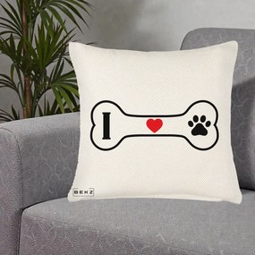 Perna Personalizata I Love Dog Os si Labuta, 40x40 cm, Crem Reliefat, Husa Detasabila, Perna Inclusa, BEKZ®