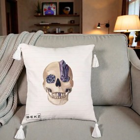 Perna Decorativa Craniu cu Cristale de Ametist, 40x40 cm, Bej cu Franjuri, Husa Detasabila, Perna Inclusa, BEKZ®