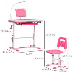 HOMCOM Birou pentru Copii cu Scaun Reglabil, Masă cu Sertar, Lampă și Suprafață Înclinabilă, 80x49,5x82-104 cm, Roz | Aosom Romania