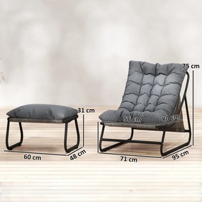 Outsunny Fotoliu lounge outdoor pentru balcon cu taburet, pernă de 13 cm, picioare antiderapante, gri închis | Aosom Romania