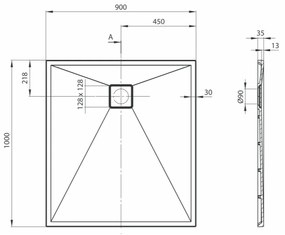 Cadita dus compozit slim gri 100x90 cm Deante, Correo 1000x900 mm, Gri metalizat