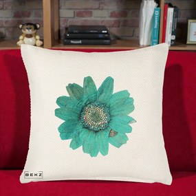 Perna Decorativa Floare Gerbera Teal Acuarela, 40x40 cm, Crem Reliefat, Husa Detasabila, Perna Inclusa, BEKZ®