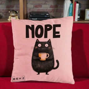 Perna Decorativa NOPE Pisica Neagra Cafea, 40x40 cm, Roz, Husa Detasabila, Perna Inclusa, BEKZ®