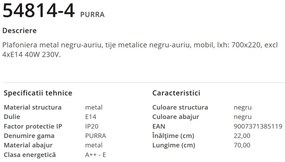 Plafoniera moderna metalica negru-aurie PURRA 4L 54814-4 GL