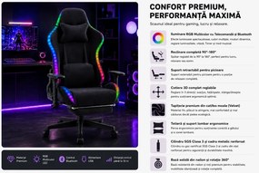 Scaun Gaming cu RGB, Iluminare LED Multicolor, Telecomanda, Cotiere 3D, Reclinare 180°, Suport Picioare, Catifea, Negru