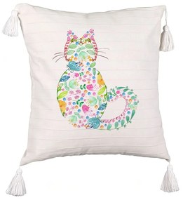 Perna Decorativa cu Franjuri, Model Pisica cu Flori, Multicolor, 45x45 cm, Ecru, Cu fermoar