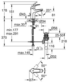 Baterie lavoar monocomanda Grohe Baucurve crom lucios cu ventil