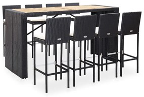 49566 vidaXL Set de bar exterior, 9 piese, negru, poliratan și lemn acacia